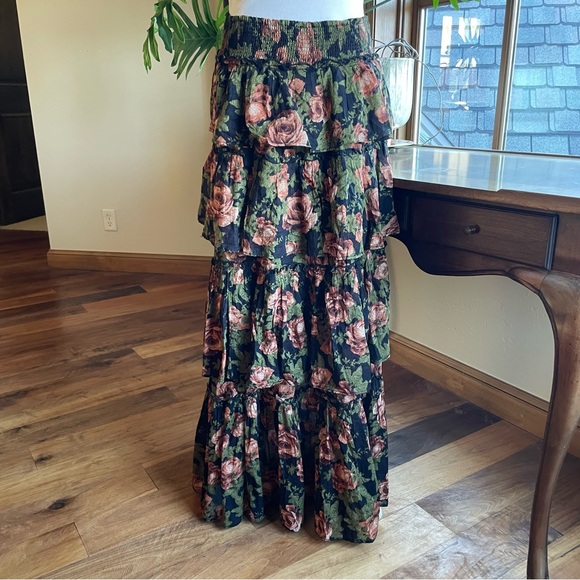 Free People Sawyer Floral Tiered Maxi Skirt - Black, Orange, & Green size Small - Picture 4 of 12